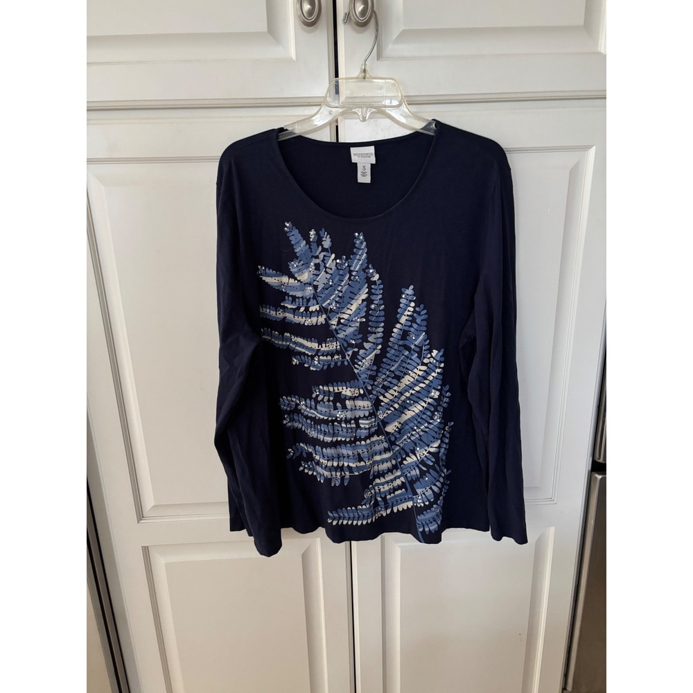 Chicos Weekends Navy Blue Fern Leaf Sequin Long Sleeve Top Size 3 XL